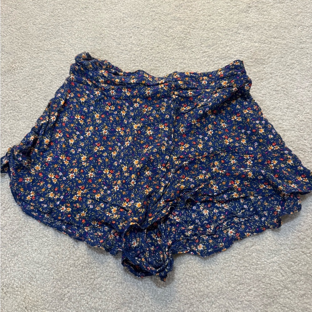 American Eagle Outfitters Navy Floral Wrap-Style Shorts